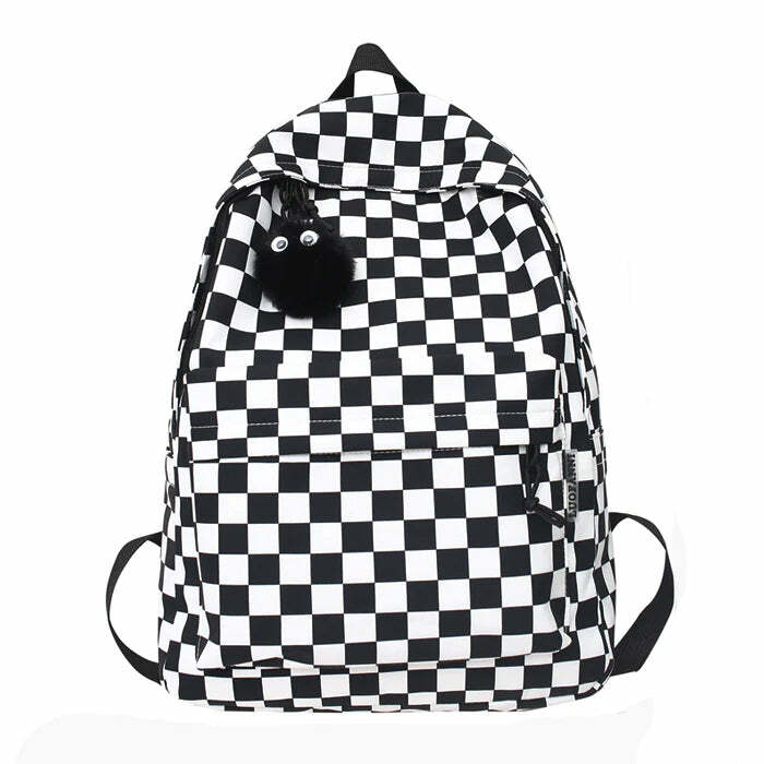 Checkered Canvas Backpack - Y2K Vintage Outfits for Winter Street Style