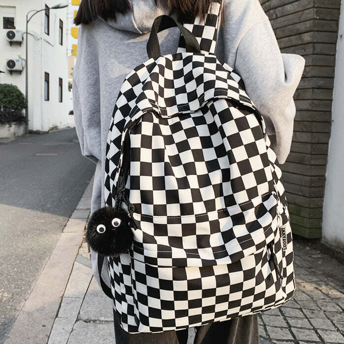 Checkered Canvas Backpack - Y2K Vintage Outfits for Winter Street Style