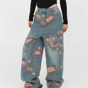 Cottagecore Rose Print Wide Jeans - Y2K Vintage Aesthetic Outfit