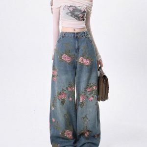 Cottagecore Rose Print Wide Jeans - Y2K Vintage Aesthetic Outfit