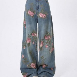 Cottagecore Rose Print Wide Jeans - Y2K Vintage Aesthetic Outfit