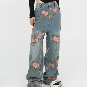 Cottagecore Rose Print Wide Jeans - Y2K Vintage Aesthetic Outfit