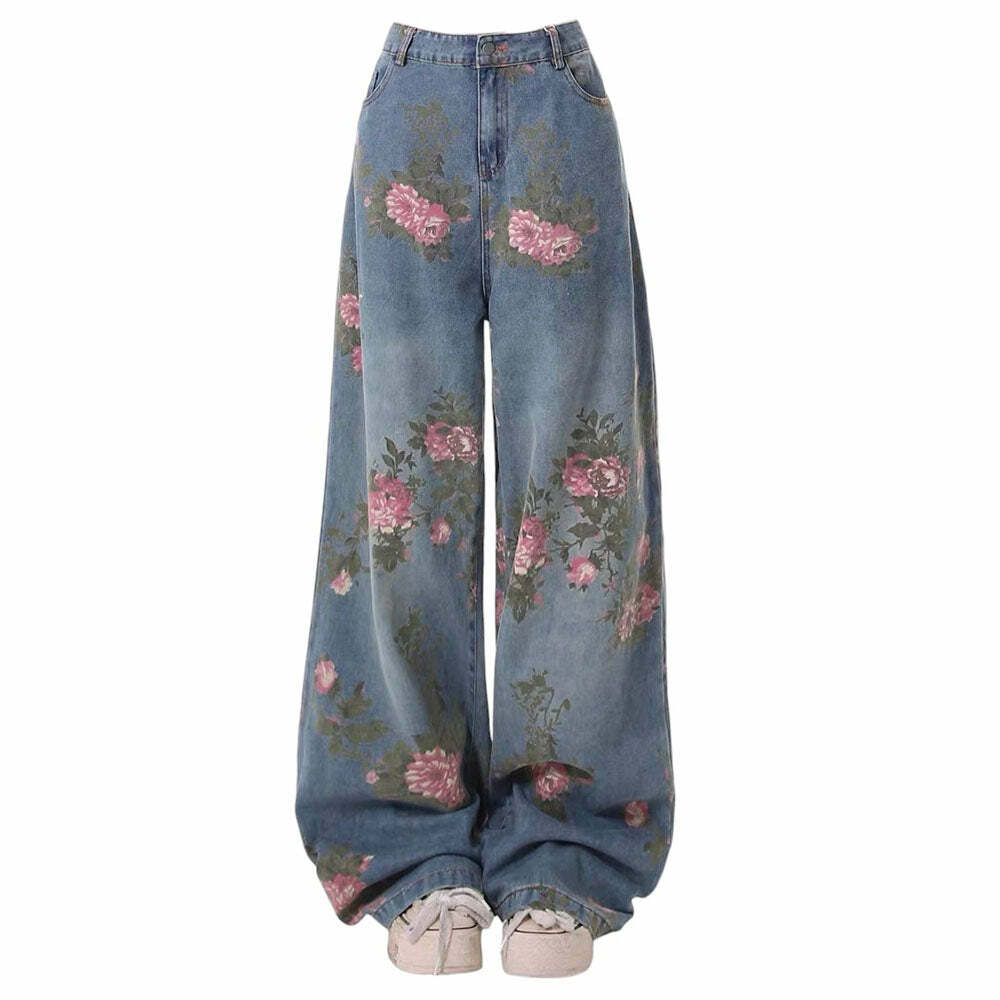 Cottagecore Rose Print Wide Jeans - Y2K Vintage Aesthetic Outfit