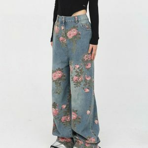 Cottagecore Rose Print Wide Jeans - Y2K Vintage Aesthetic Outfit