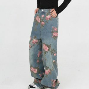 Cottagecore Rose Print Wide Jeans - Y2K Vintage Aesthetic Outfit