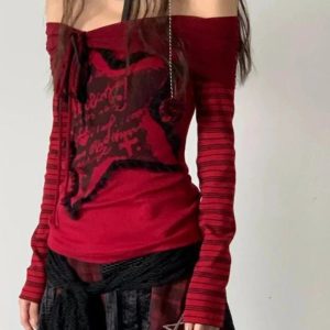 Crimson Chaos Off-Shoulder Top - Y2K Vintage Winter Aesthetic Outfit