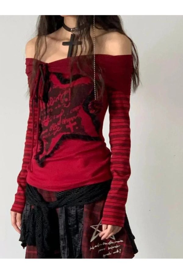 Crimson Chaos Off-Shoulder Top - Y2K Vintage Winter Aesthetic Outfit