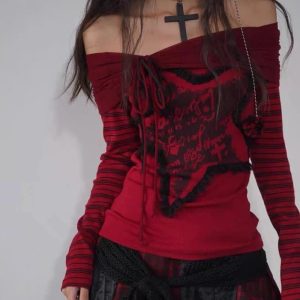 Crimson Chaos Off-Shoulder Top - Y2K Vintage Winter Aesthetic Outfit