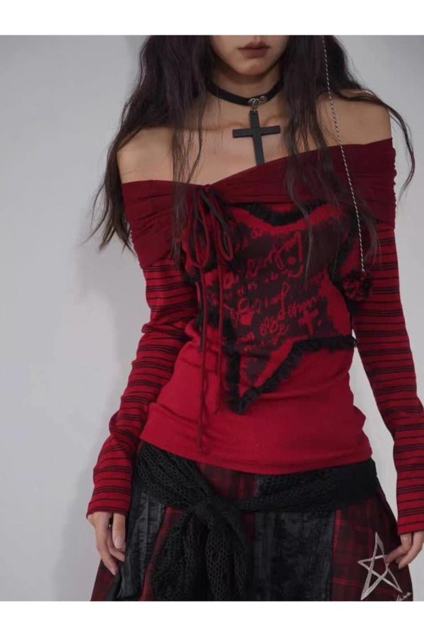 Crimson Chaos Off-Shoulder Top - Y2K Vintage Winter Aesthetic Outfit