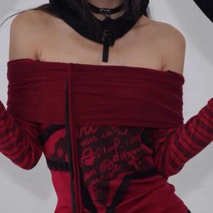 Crimson Chaos Off-Shoulder Top - Y2K Vintage Winter Aesthetic Outfit