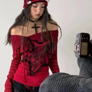 Crimson Chaos Off-Shoulder Top - Y2K Vintage Winter Aesthetic Outfit