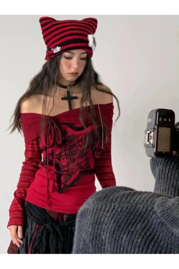 Crimson Chaos Off-Shoulder Top - Y2K Vintage Winter Aesthetic Outfit