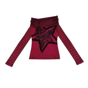 Crimson Chaos Off-Shoulder Top - Y2K Vintage Winter Aesthetic Outfit