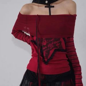 Crimson Chaos Off-Shoulder Top - Y2K Vintage Winter Aesthetic Outfit