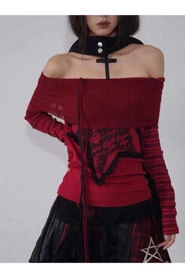 Crimson Chaos Off-Shoulder Top - Y2K Vintage Winter Aesthetic Outfit