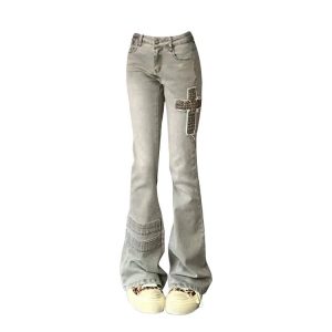 Cross Patch Flare Denim Jeans - Y2K Vintage Outfits for Winter Style