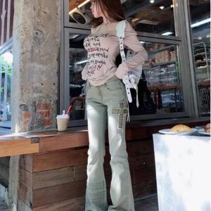 Cross Patch Flare Denim Jeans - Y2K Vintage Outfits for Winter Style