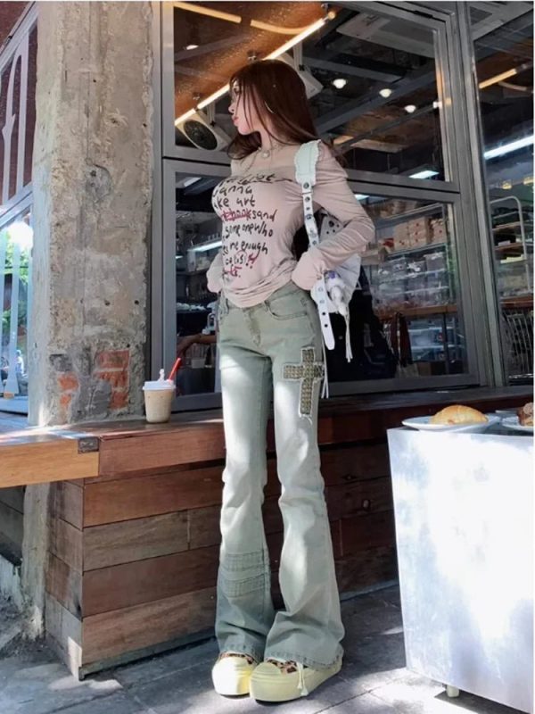 Cross Patch Flare Denim Jeans - Y2K Vintage Outfits for Winter Style