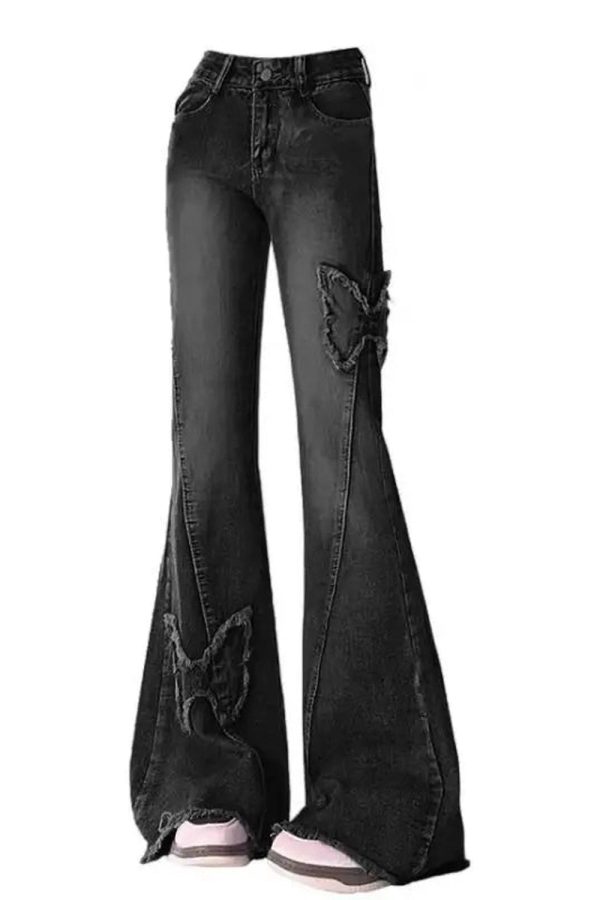 Dark Butterfly Flare Jeans - Y2K Vintage Winter Outfits for Women