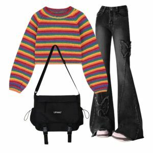 Dark Butterfly Flare Jeans, Rainbow Stripes Cropped Sweater & Crossbody Bag - Y2K Outfits