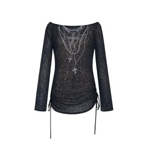 Dark Crucifix Long Sleeve Top - Y2K Vintage Aesthetic Winter Outfit