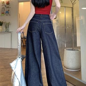 Dark Wash Wide-Leg Denim Jeans for Y2K Outfits, Vintage Style Fashion