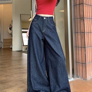 Dark Wash Wide-Leg Denim Jeans for Y2K Outfits, Vintage Style Fashion