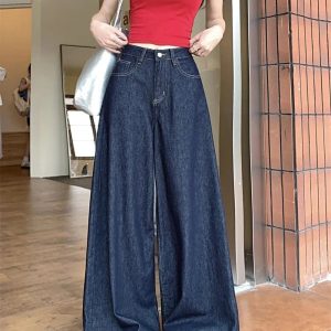 Dark Wash Wide-Leg Denim Jeans for Y2K Outfits, Vintage Style Fashion