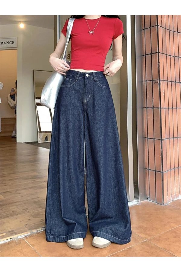 Dark Wash Wide-Leg Denim Jeans for Y2K Outfits, Vintage Style Fashion