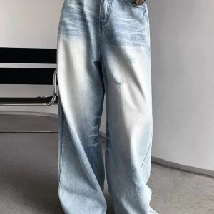 Distressed Light-Wash Wide-Leg Jeans for Y2K Vintage Street Style Outfits