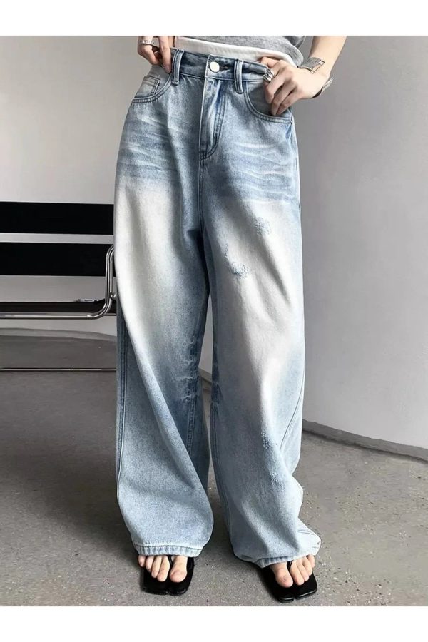 Distressed Light-Wash Wide-Leg Jeans for Y2K Vintage Street Style Outfits