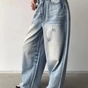 Distressed Light-Wash Wide-Leg Jeans for Y2K Vintage Street Style Outfits