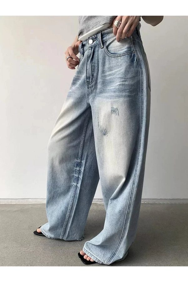 Distressed Light-Wash Wide-Leg Jeans for Y2K Vintage Street Style Outfits