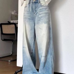 Distressed Light-Wash Wide-Leg Jeans for Y2K Vintage Street Style Outfits