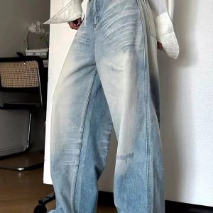 Distressed Light-Wash Wide-Leg Jeans for Y2K Vintage Street Style Outfits