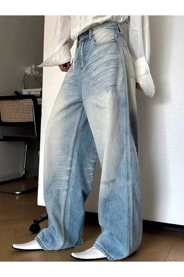 Distressed Light-Wash Wide-Leg Jeans for Y2K Vintage Street Style Outfits