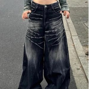 Distressed Marble Wash Wide-Leg Jeans - Y2K Vintage Street Style Outfit