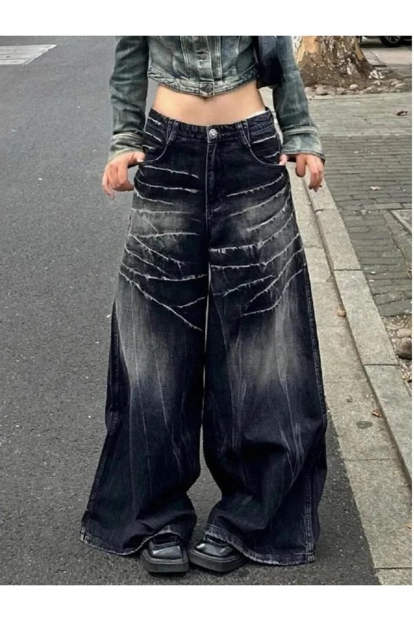 Distressed Marble Wash Wide-Leg Jeans - Y2K Vintage Street Style Outfit