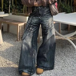 Distressed Marble Wash Wide-Leg Jeans - Y2K Vintage Street Style Outfit