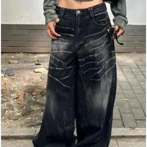 Distressed Marble Wash Wide-Leg Jeans - Y2K Vintage Street Style Outfit