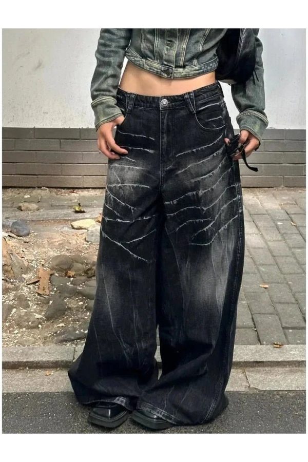 Distressed Marble Wash Wide-Leg Jeans - Y2K Vintage Street Style Outfit