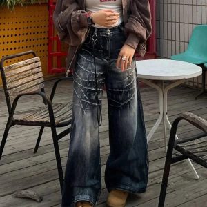 Distressed Marble Wash Wide-Leg Jeans - Y2K Vintage Street Style Outfit