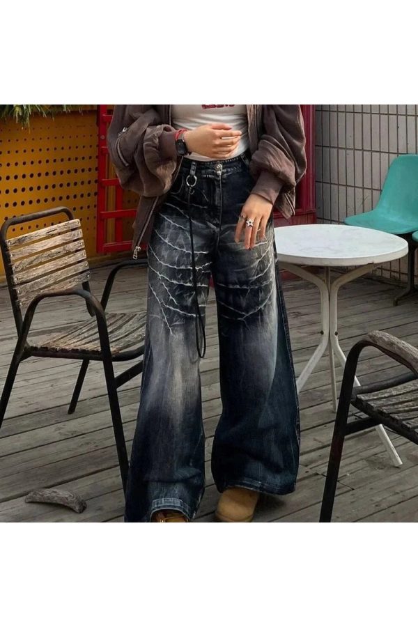 Distressed Marble Wash Wide-Leg Jeans - Y2K Vintage Street Style Outfit