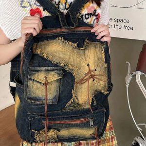 Distressed Vintage Denim Backpack for Y2K Outfits and Street Styles