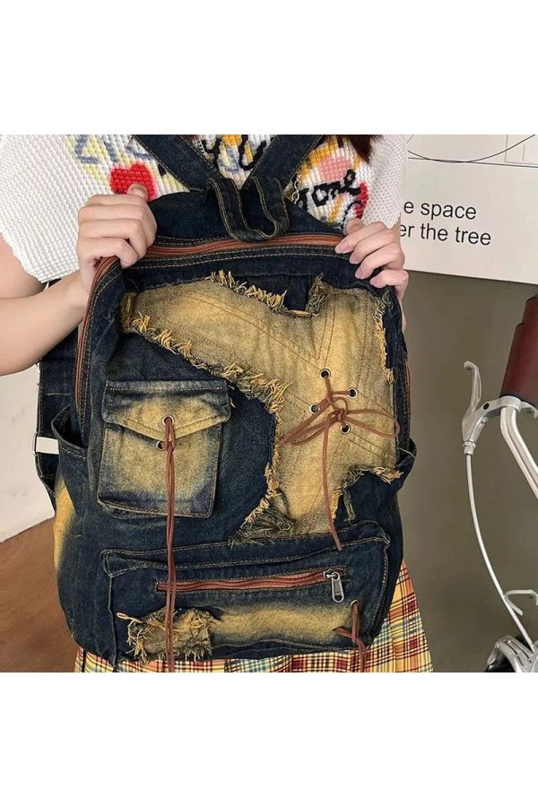 Distressed Vintage Denim Backpack for Y2K Outfits and Street Styles