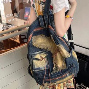 Distressed Vintage Denim Backpack for Y2K Outfits and Street Styles