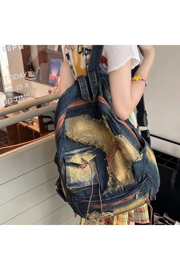 Distressed Vintage Denim Backpack for Y2K Outfits and Street Styles