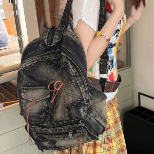 Distressed Vintage Denim Backpack for Y2K Outfits and Street Styles