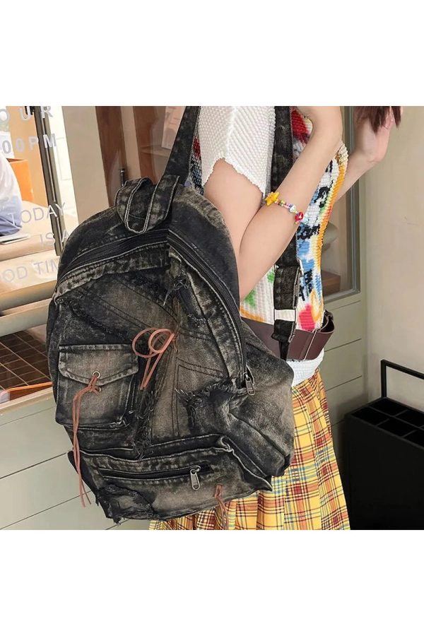 Distressed Vintage Denim Backpack for Y2K Outfits and Street Styles