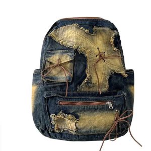 Distressed Vintage Denim Backpack for Y2K Outfits and Street Styles